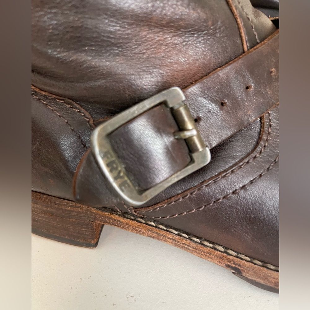 Frye Vintage Veronica tall buckle Slouchy Moto Boots in chocolate brown. 11 - Picture 10 of 15